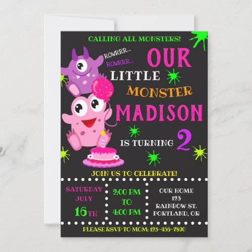 Our Little monster birthday invitation for girl