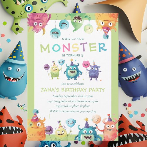 Our Little Monster  Colorful Three Monsters   Invitation