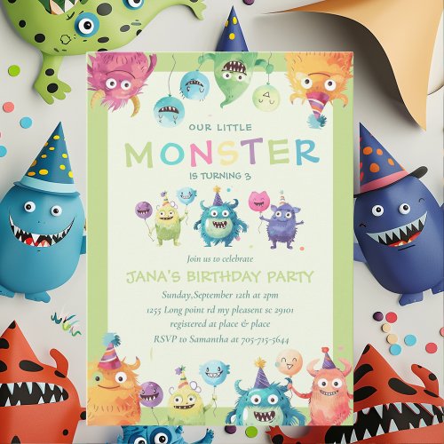 Our Little Monster  Colorful Three Monsters   Invitation