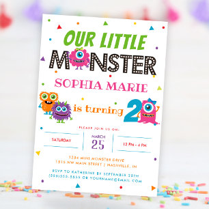 Our Little Monster Cute Pink Kids Birthday Party Invitation