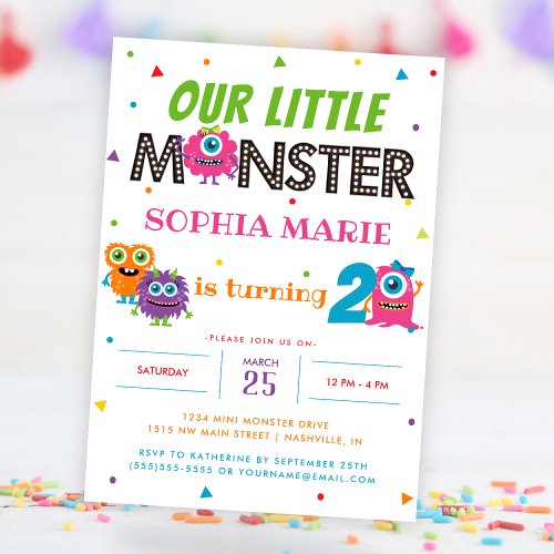 Our Little Monster Cute Pink Kids Birthday Party Invitation