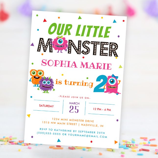 Our Little Monster Cute Pink Kids Birthday Party Invitation (Our Little Monster Cute Pink Kids Birthday Party Invitation)