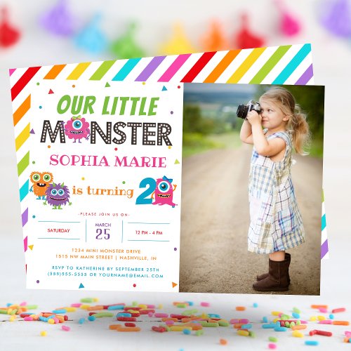 Our Little Monster Cute Pink Photo Birthday Invitation