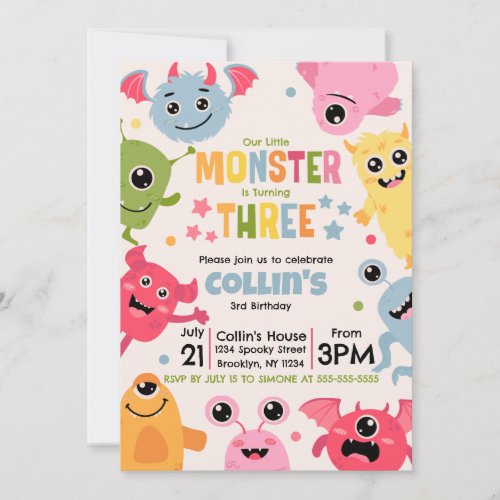 Our Little Monster Is Turing Three Invitation