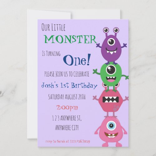 Our little Monster Is Turning One Birthday Invite