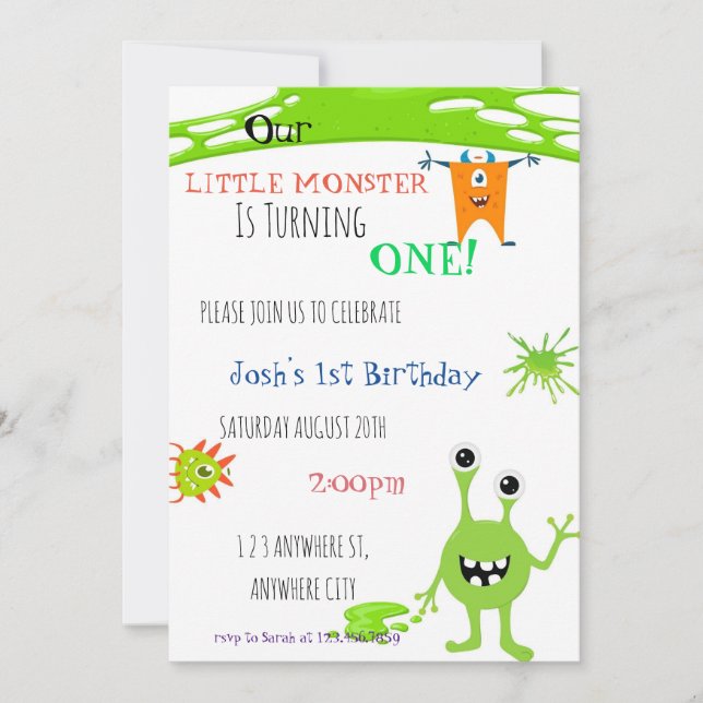 Our little Monster Is Turning One Birthday Invite (Front)
