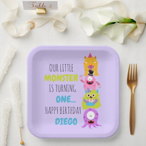 Our Little Monster is Turning One Invitation Paper Paper Plates