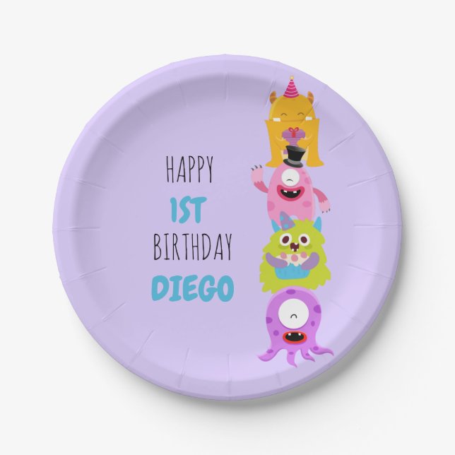 Our Little Monster is Turning One Invitation Paper Plates (Front)