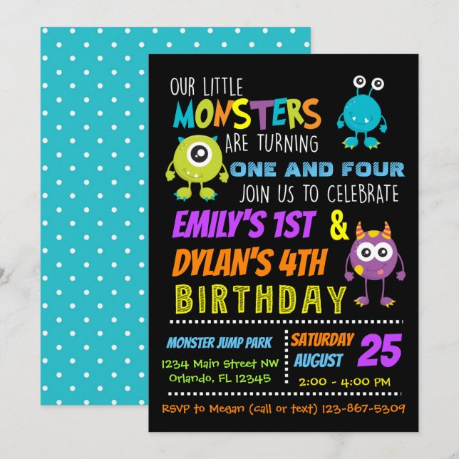 Our Little Monsters Joint Birthday Party Invite (Front/Back)