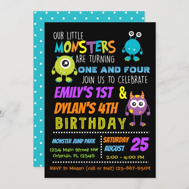 Our Little Monsters Joint Birthday Party Invite (Front/Back)