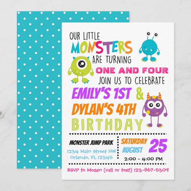 Our Little Monsters Joint Birthday Party Invite (Front/Back)