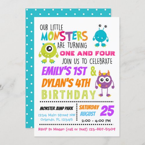 Our Little Monsters Joint Birthday Party Invite
