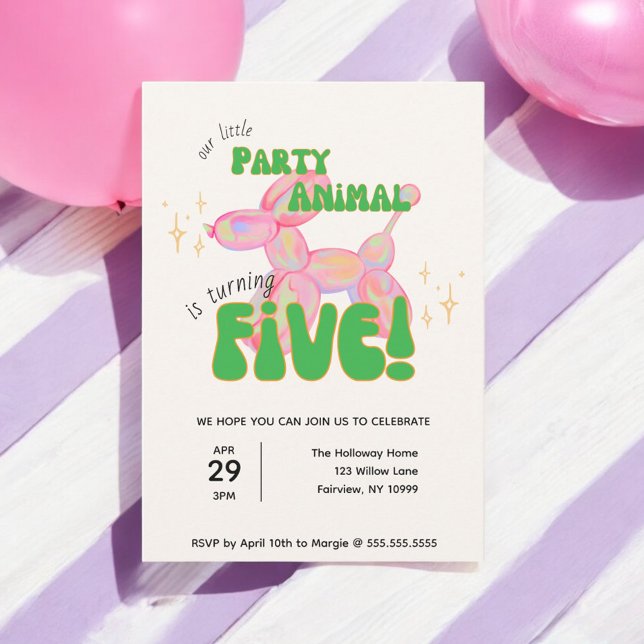 Our Little Party Balloon Animal 5th Birthday Invitation (Creator Uploaded)