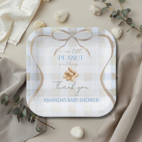 Our Little Peanut Boy Blue Gingham Baby Shower Paper Plates