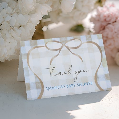 Our Little Peanut Boy Blue Gingham Baby Shower Thank You Card