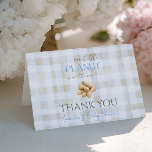 Our Little Peanut Boy Blue Gingham Baby Shower Thank You Card