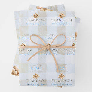 Our Little Peanut Boy Blue Gingham Baby Shower Wrapping Paper Sheets