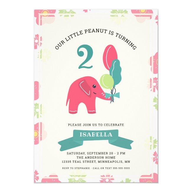 Our Little Peanut Elephant | Girl 2nd Birthday Invitation