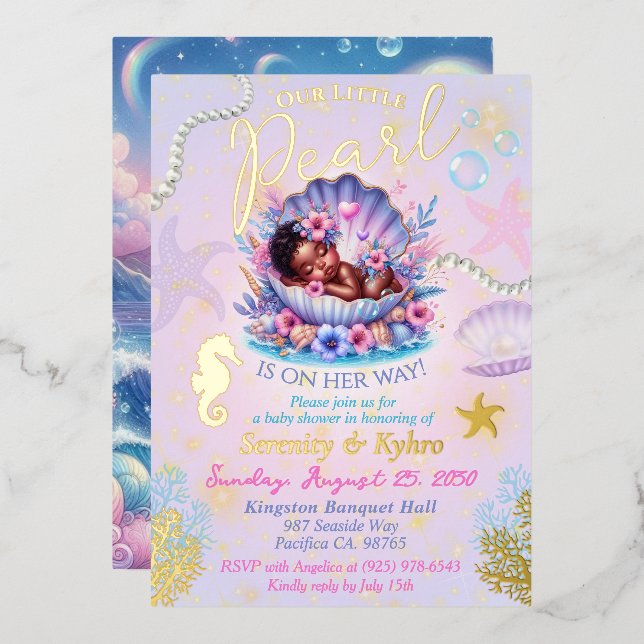 Our little Pearl Pastel Seashell Baby Shower Foil Invitation (Front/Back)