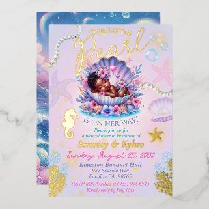 Our little Pearl Pastel Seashell Baby Shower Foil Invitation