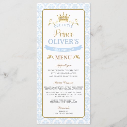 Our Little Prince Blue Baby Shower Birthday Menu
