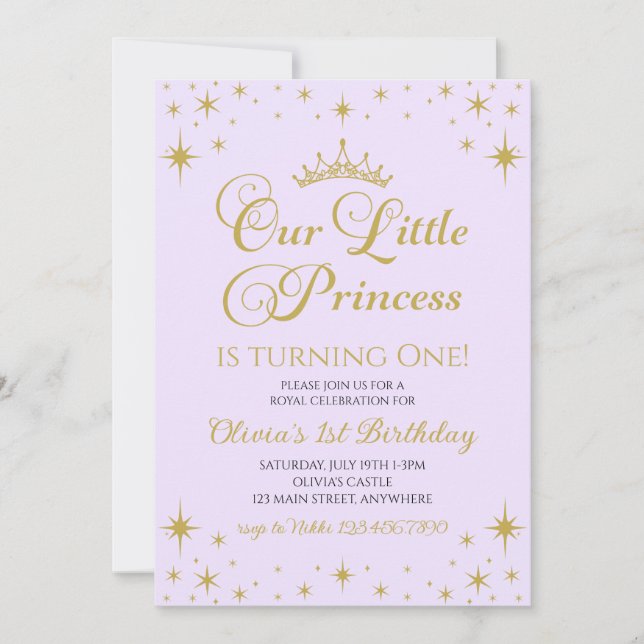 Our Little Princess Royal Gold and lilac Birthday Invitation (Front)