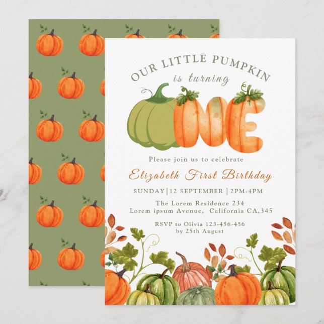 Our Little Pumpkin 1st Birthday  Fall Photo  Invitation (Front/Back)