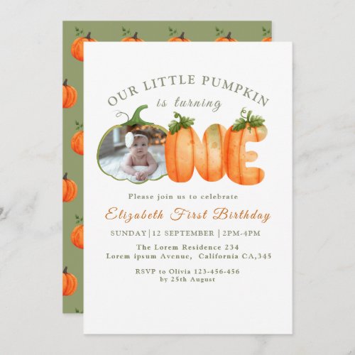 Our Little Pumpkin 1st Birthday  Fall Photo  Invitation