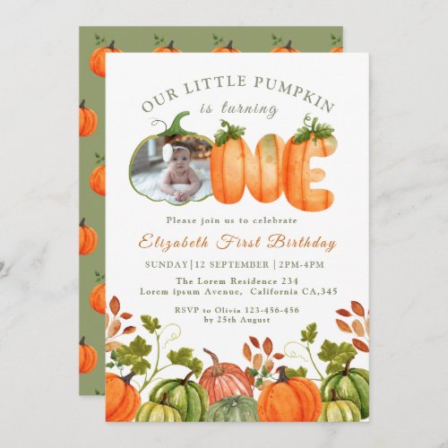 Our Little Pumpkin 1st Birthday  Fall Photo  Invitation