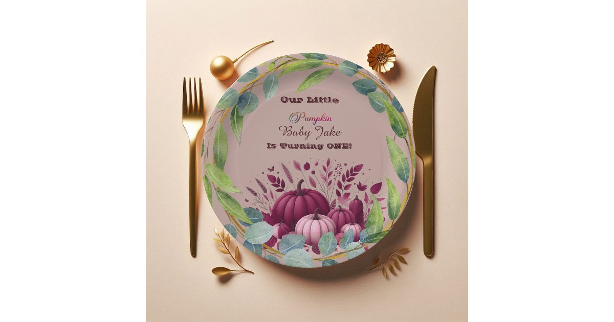 Our Little Pumpkin 1st Birthday Fall Wreath Purple Paper Plates | Zazzle