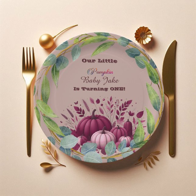Our Little Pumpkin 1st Birthday Fall Wreath Purple Paper Plates (Our Little Pumpkin 1st Birthday Fall Wreath Purple Paper Plate)