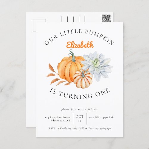 Our Little Pumpkin 1st Birthday Floral Fall Autumn Postcard
