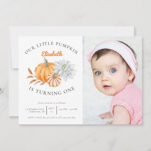 Our Little Pumpkin 1st Birthday Floral Fall Photo Invitation