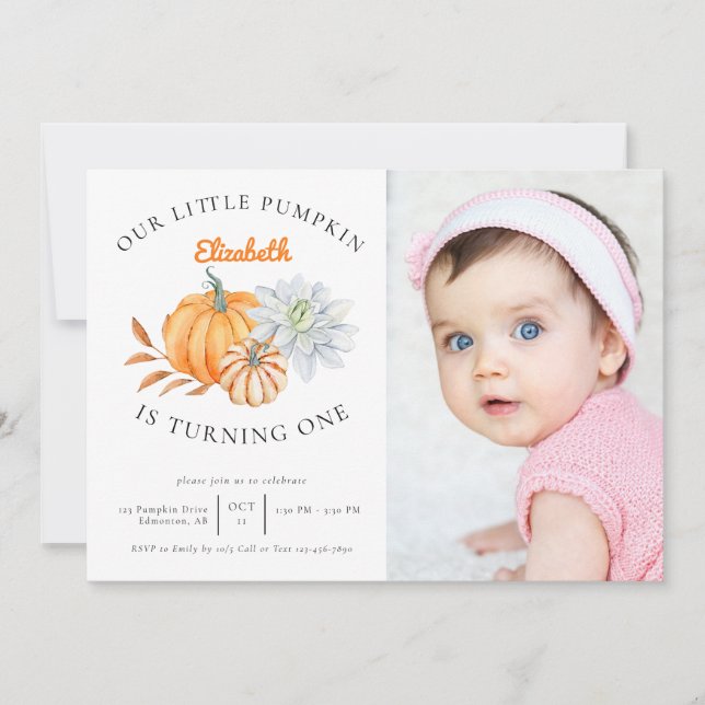 Our Little Pumpkin 1st Birthday Floral Fall Photo Invitation (Front)