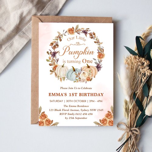Our Little Pumpkin 1st Birthday Gold Floral Party  Invitation