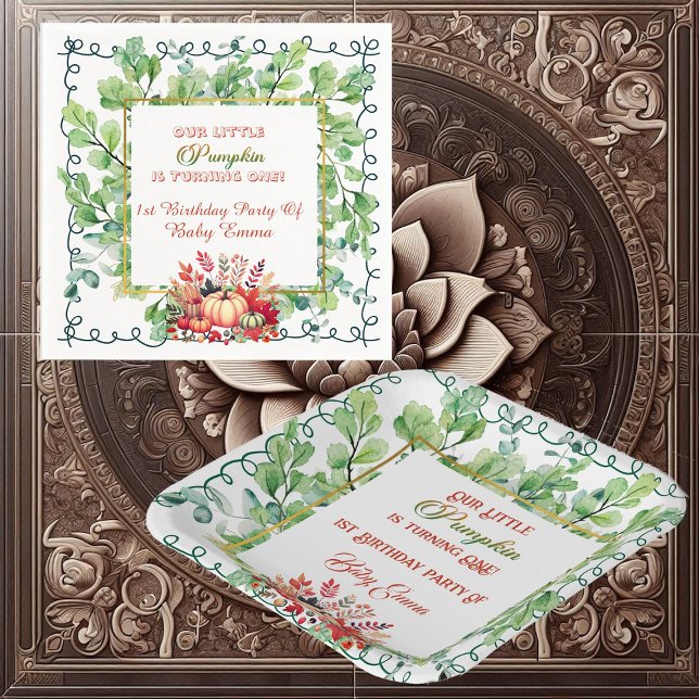 Our Little Pumpkin 1st Birthday Green Fall Wreath  Napkins (Our Little Pumpkin 1st Birthday Green Fall Wreath Napkins)