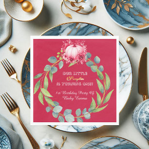 Our Little Pumpkin 1st Birthday Green Wreath Pink Napkins
