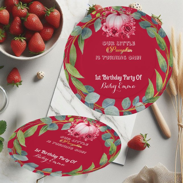 Our Little Pumpkin 1st Birthday Green Wreath Pink Paper Plates (Our Little Pumpkin 1st Birthday Green Wreath Pink Paper Plates)