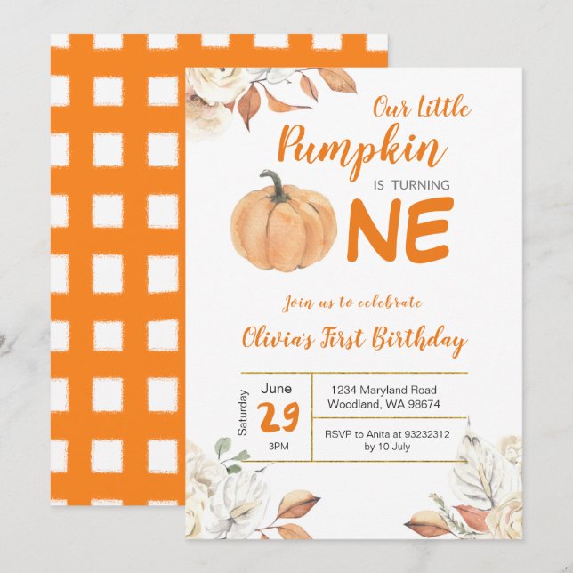 Our little Pumpkin 1st Birthday invitation (Front/Back)