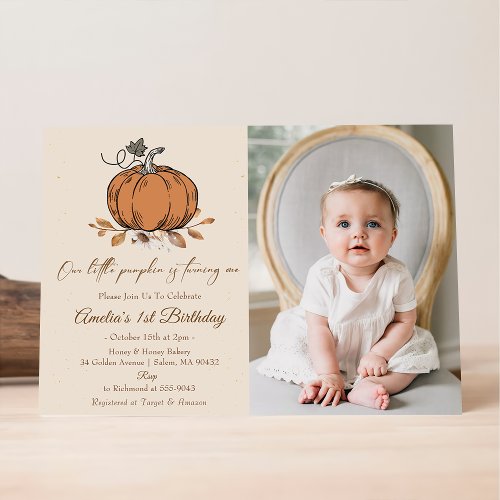 Our Little Pumpkin 1st Birthday Photo Invitation