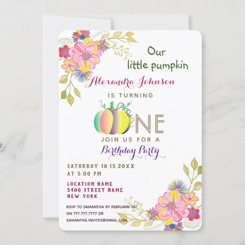 Our Little Pumpkin 1st Birthday Pink Floral Fall Invitation
