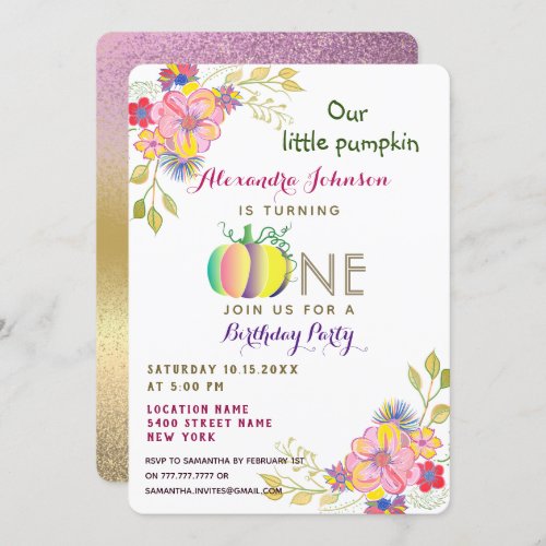 Our Little Pumpkin 1st Birthday Pink Floral Fall Invitation