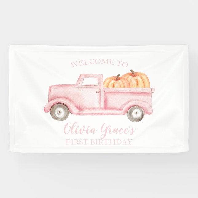 Our Little Pumpkin 1st Birthday Pink Truck Welcome Banner (Horizontal)