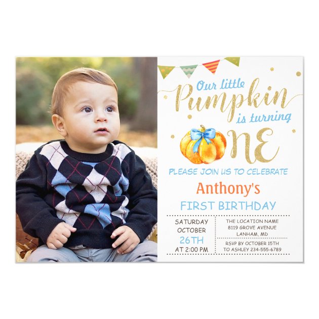 Our Little Pumpkin Baby Boy 1st Birthday Photo Card
