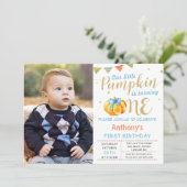 Our Little Pumpkin Baby Boy 1st Birthday Photo Invitation (Standing Front)