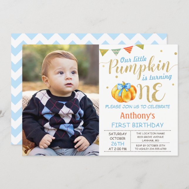 Our Little Pumpkin Baby Boy 1st Birthday Photo Invitation (Front/Back)