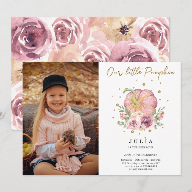 Our Little Pumpkin Birthday Pink Photo Invitation (Front/Back)