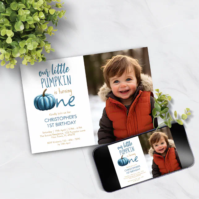 Our Little Pumpkin Blue 1st Birthday Invitation | Zazzle
