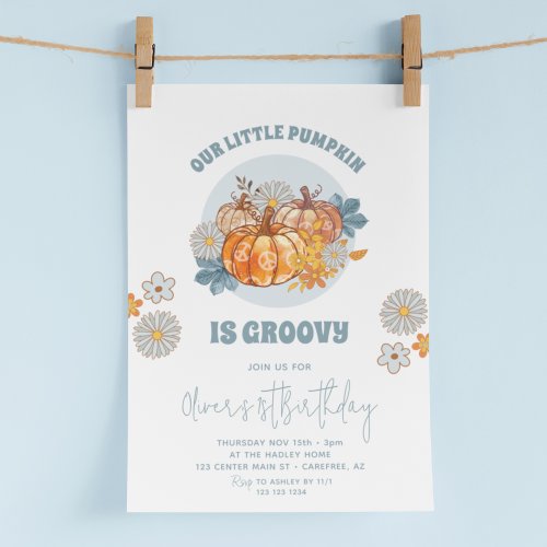 Our Little Pumpkin Blue Daisy 1st Birthday Invitation