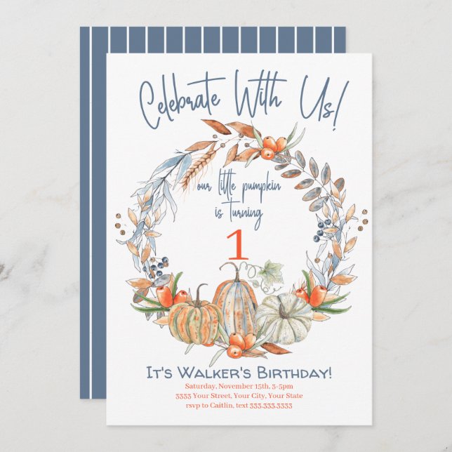 Our Little Pumpkin Blue First Birthday Invitation (Front/Back)
